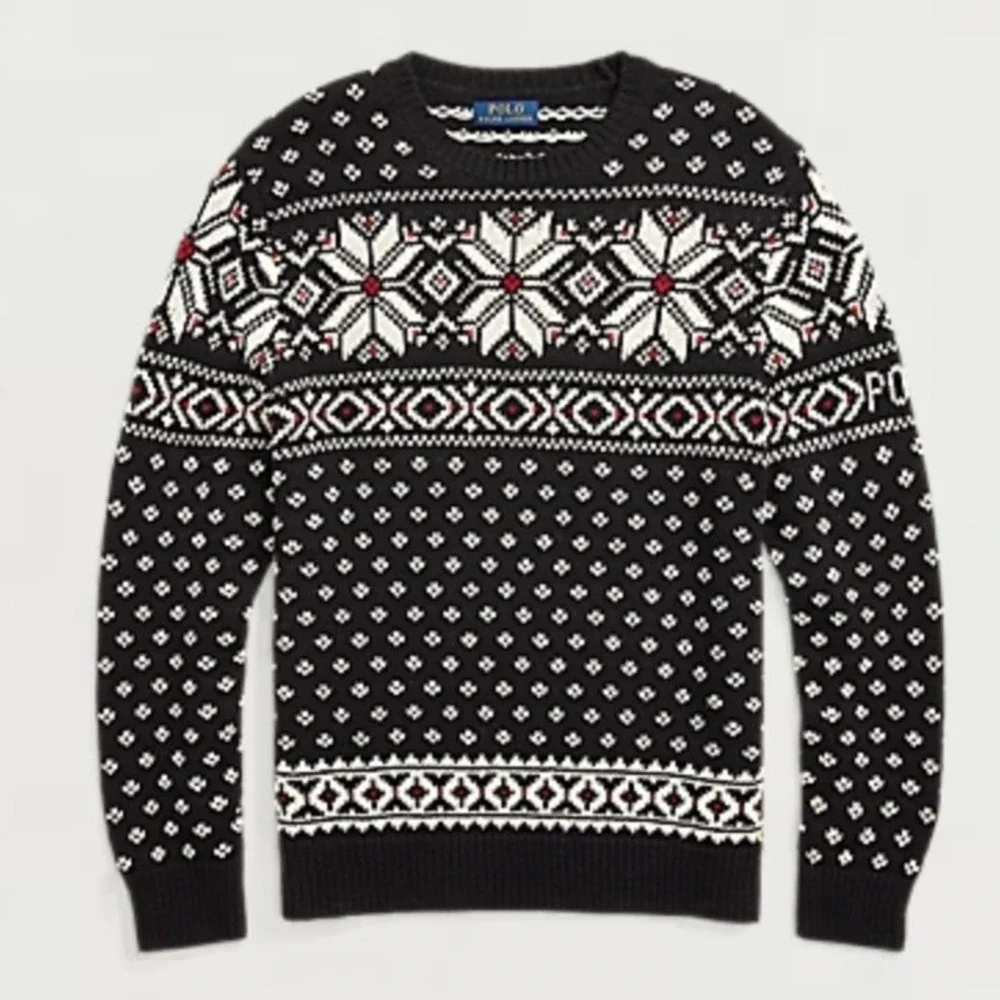 Polo Ralph Lauren Mens Black Fair Isle Cotton Cashmere Snowflake Sweater L